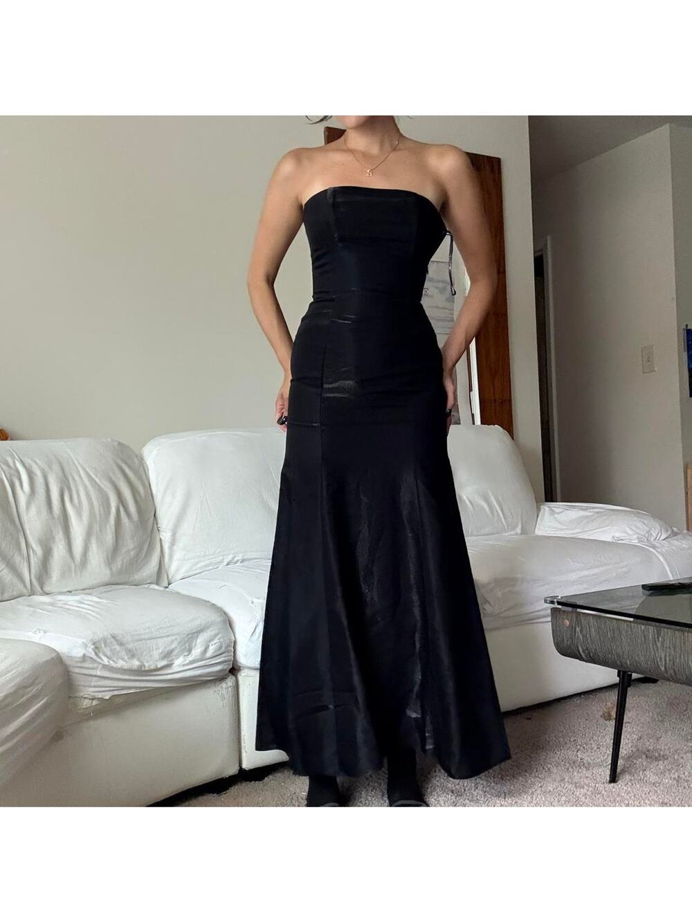 Black strapless maxi dress with elastic straps on the back